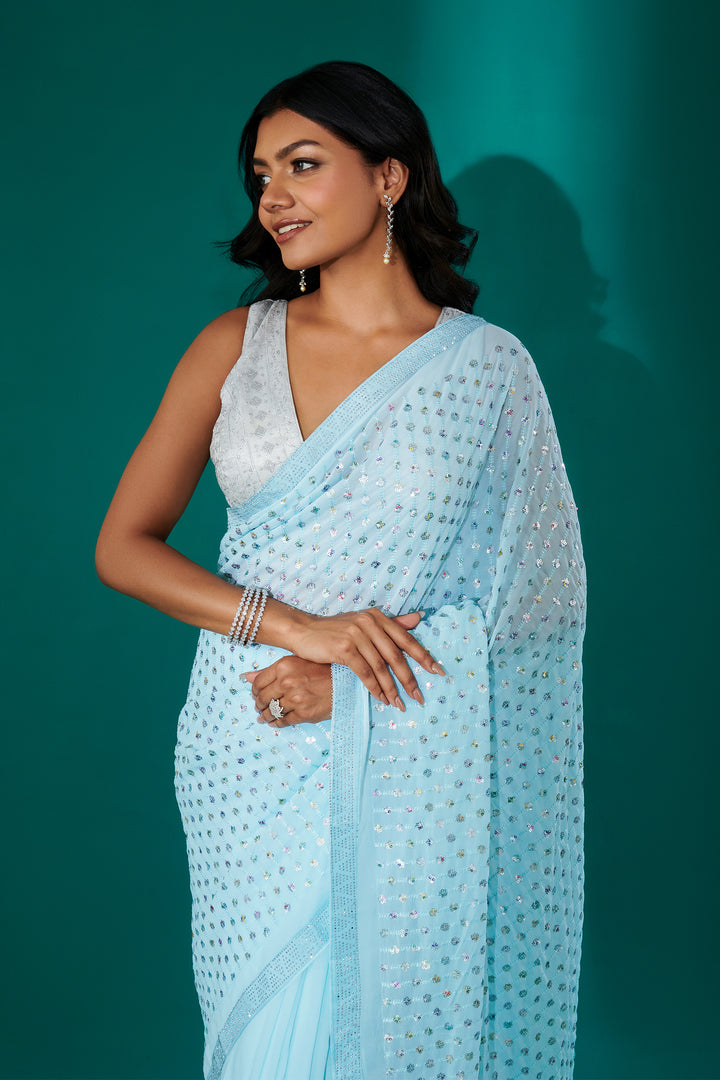 Teejh Ujwal Sky Blue Georgette Saree