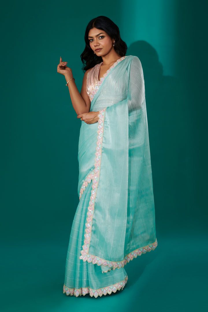 Teejh Rangeen Sky Blue Shimmer Tissue Saree