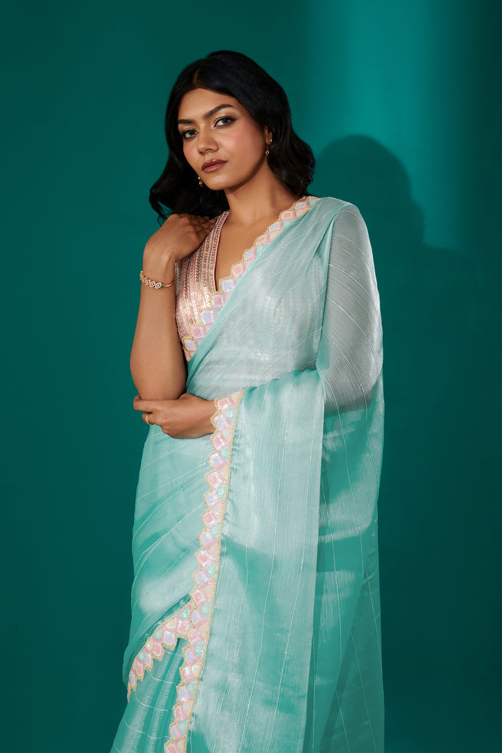 Teejh Rangeen Sky Blue Shimmer Tissue Saree
