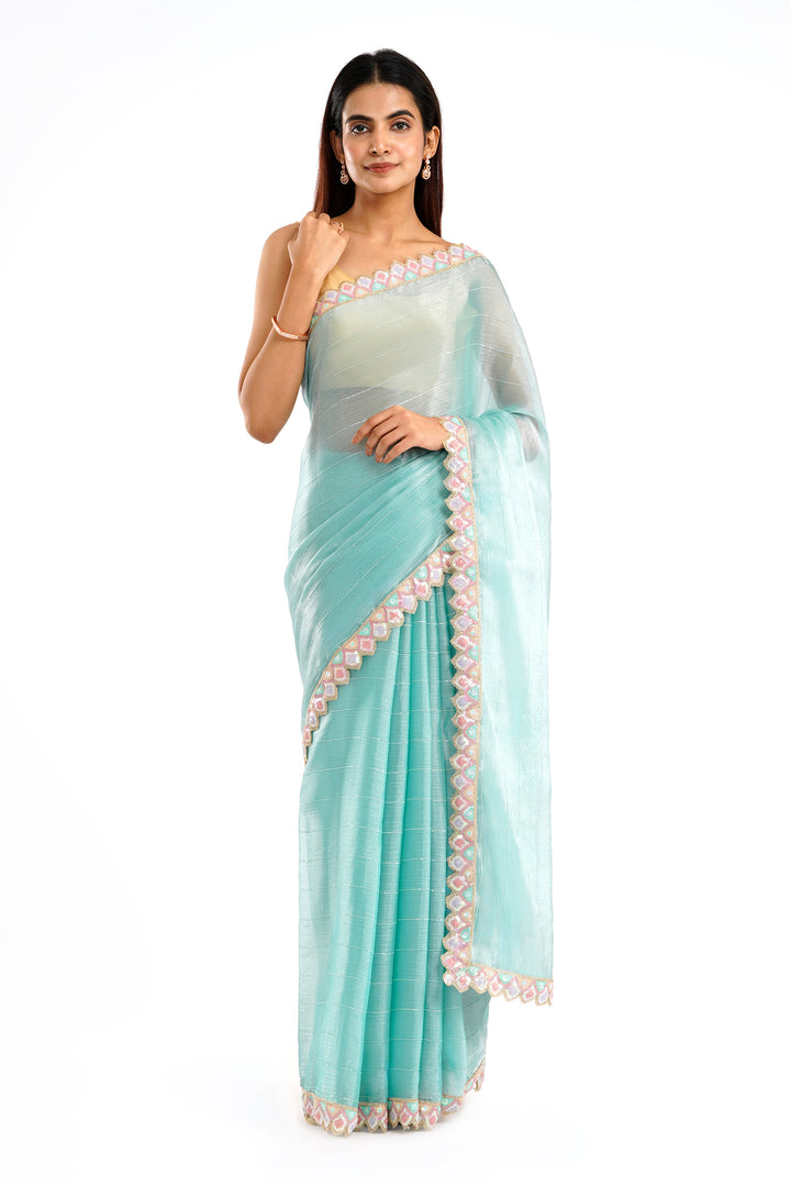 Teejh Rangeen Sky Blue Shimmer Tissue Saree