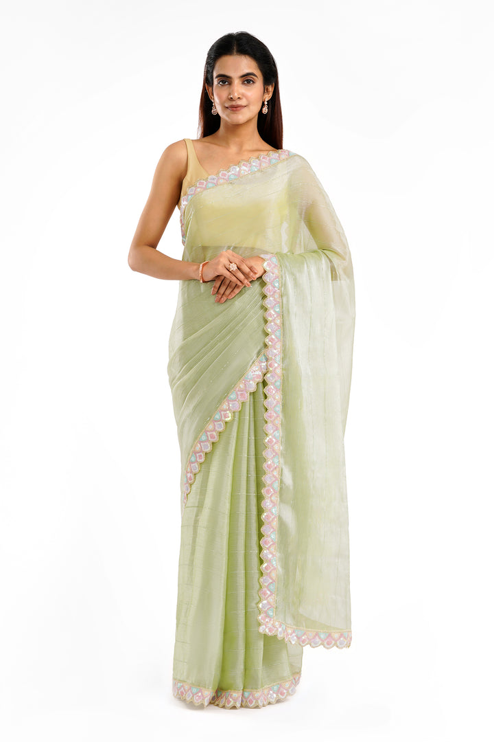 Teejh Rangeen Green Shimmer Tissue Saree
