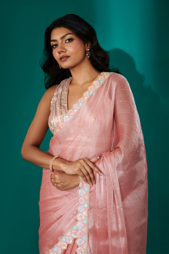 Teejh Rangeen Pink Shimmer Tissue Saree