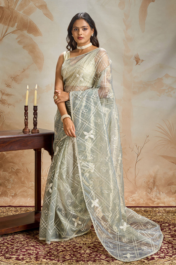 Teejh Tarangi sage Green Net Gota Saree