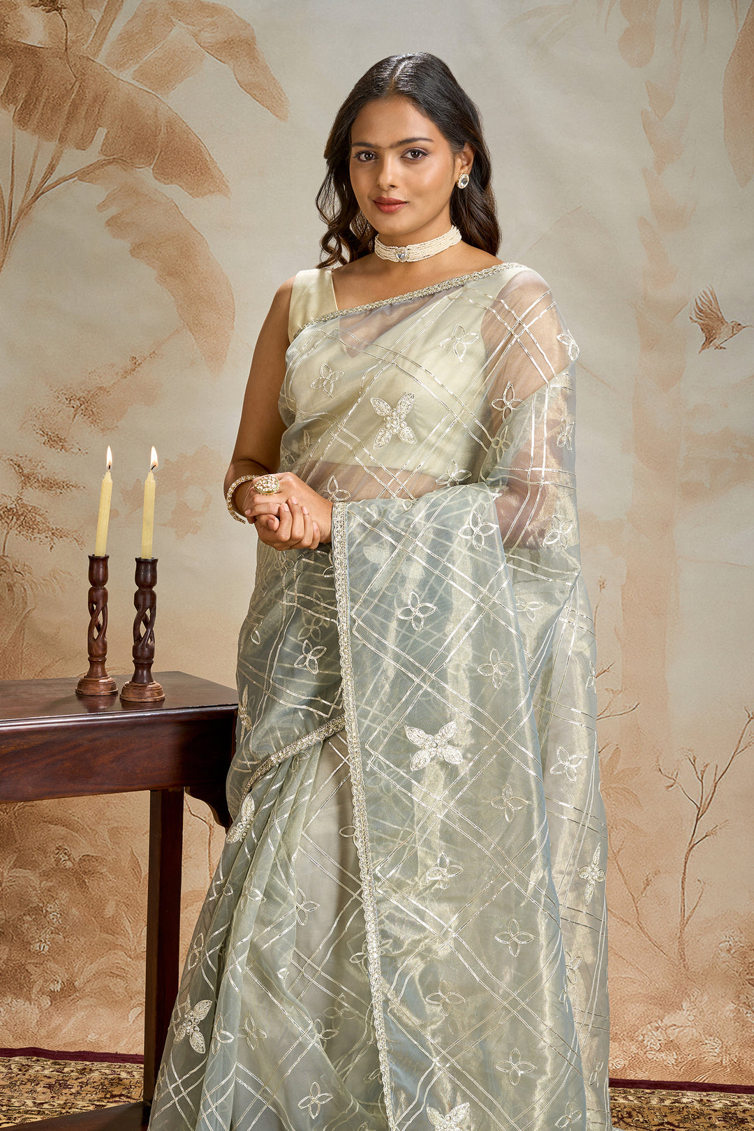 Teejh Tarangi sage Green Net Gota Saree