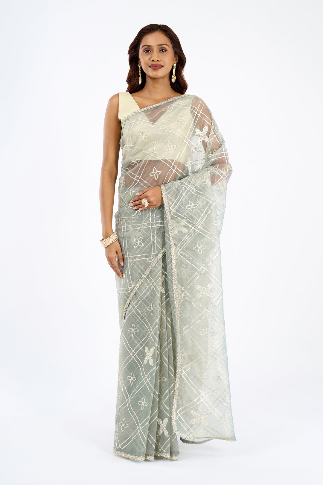 Teejh Tarangi sage Green Net Gota Saree