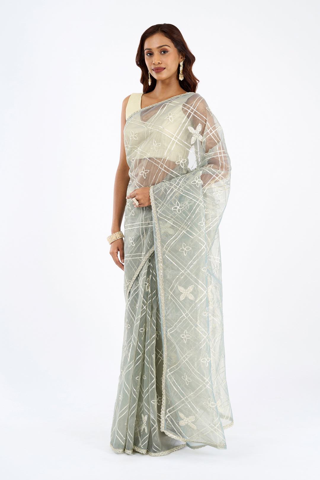 Teejh Tarangi sage Green Net Gota Saree