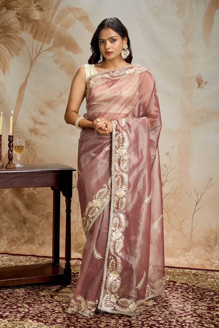 Teejh Raunaq Taupe Net Gota Saree