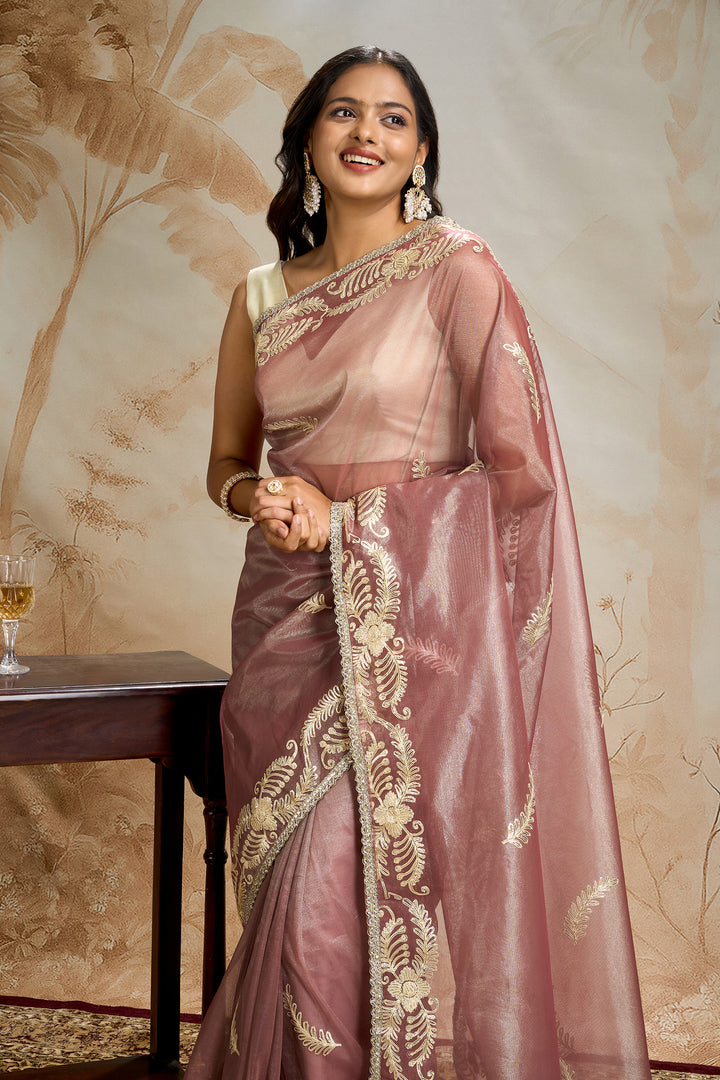 Teejh Raunaq Taupe Net Gota Saree