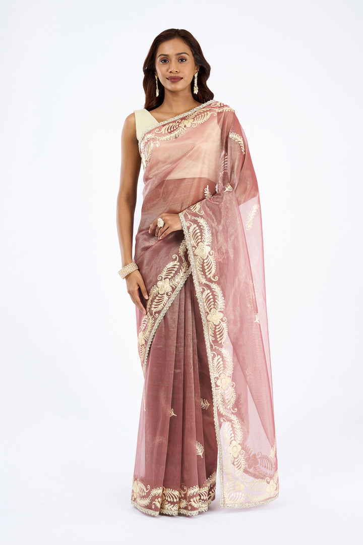 Teejh Raunaq Taupe Net Gota Saree