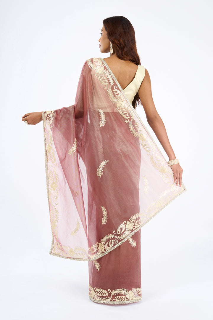 Teejh Raunaq Taupe Net Gota Saree