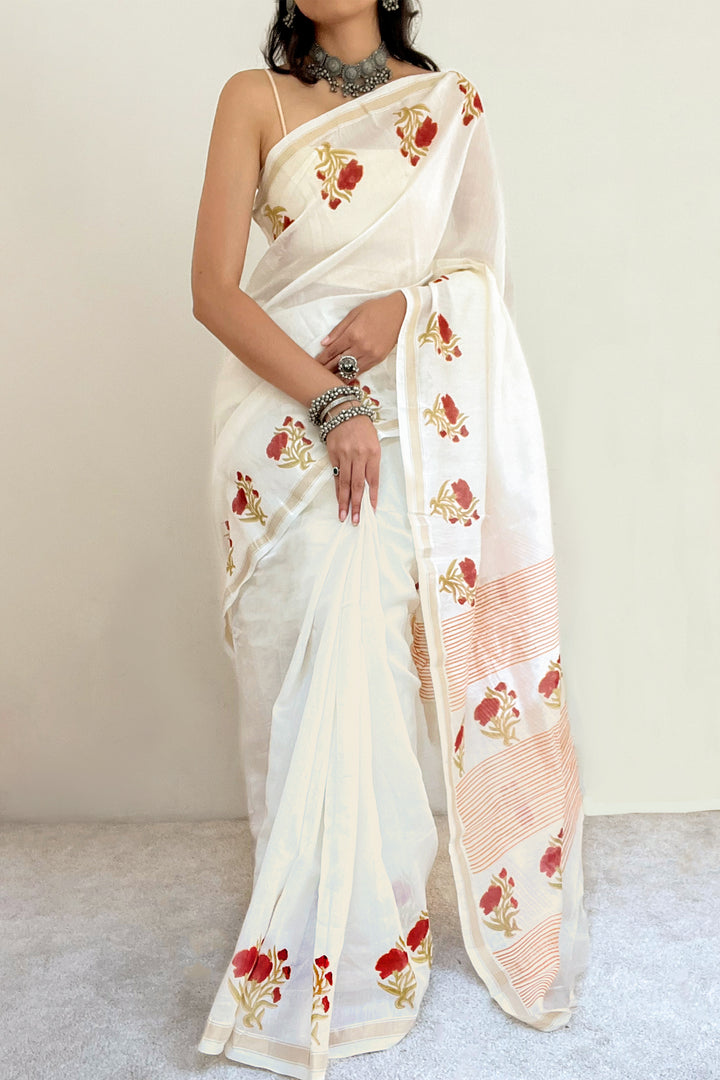 Teejh Ojaswini Red and Green Block Print Chanderi Silk Saree