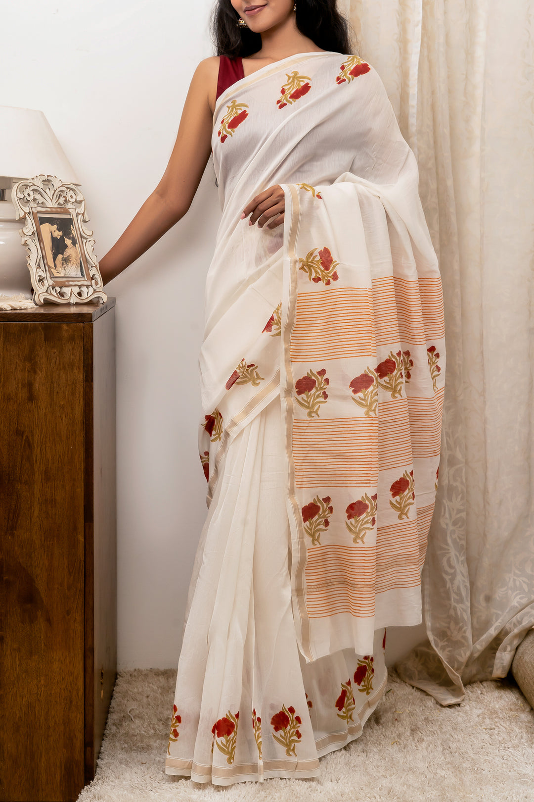 Teejh Ojaswini Red and Green Block Print Chanderi Silk Saree