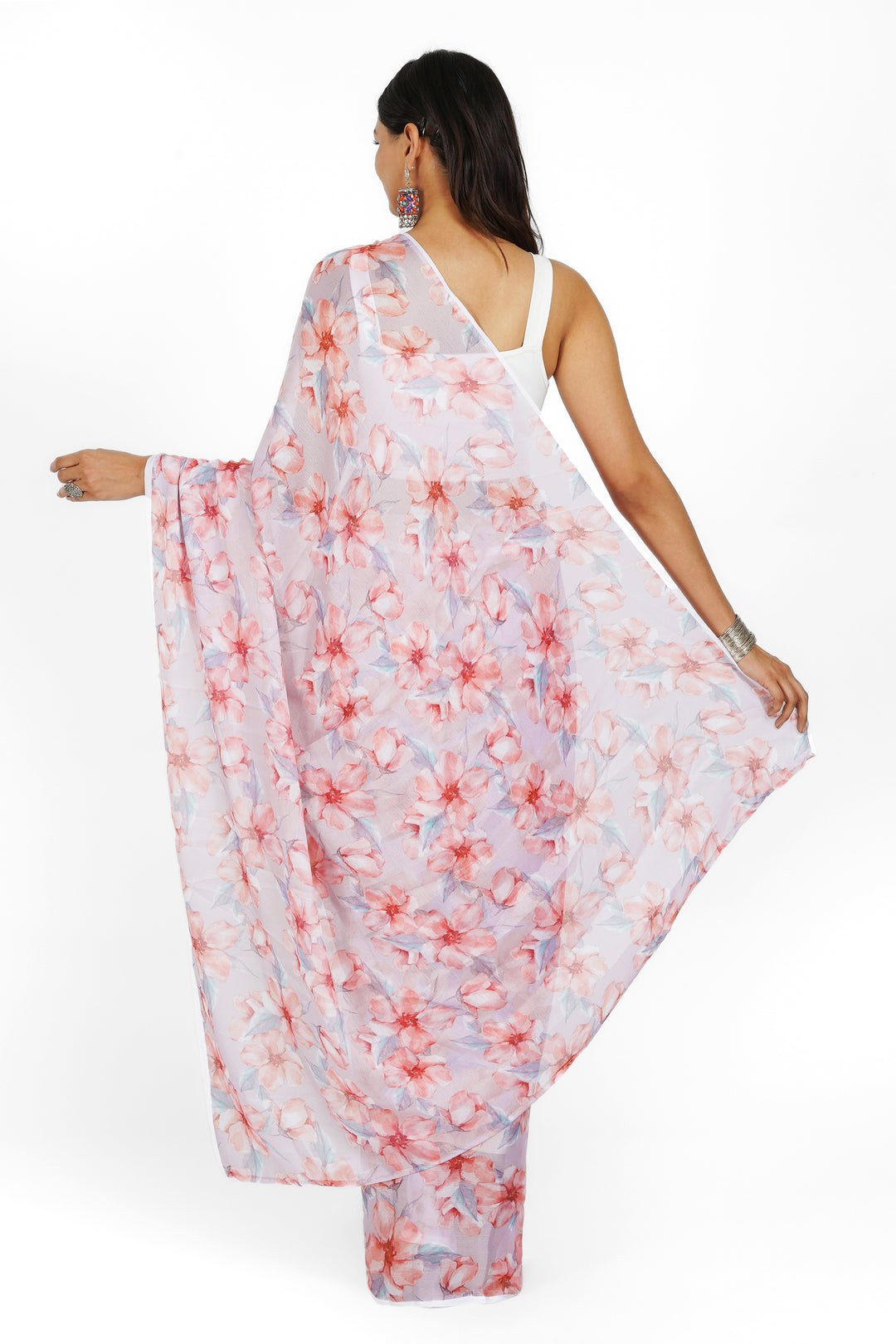 Teejh Grey Blossom  Digital Print Chiffon Saree