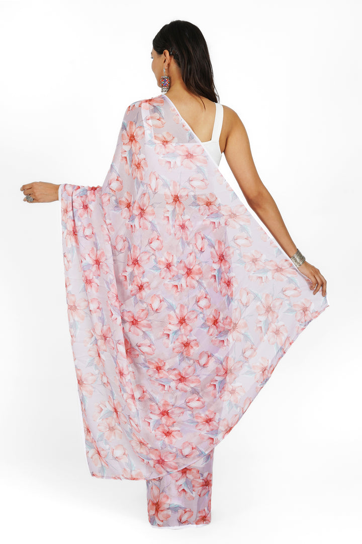 Teejh Grey Blossom  Digital Print Chiffon Saree