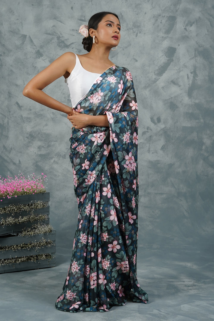 Teejh Noir Rose Digital Print Chiffon Saree