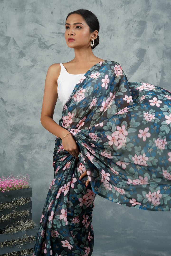 Teejh Noir Rose Digital Print Chiffon Saree