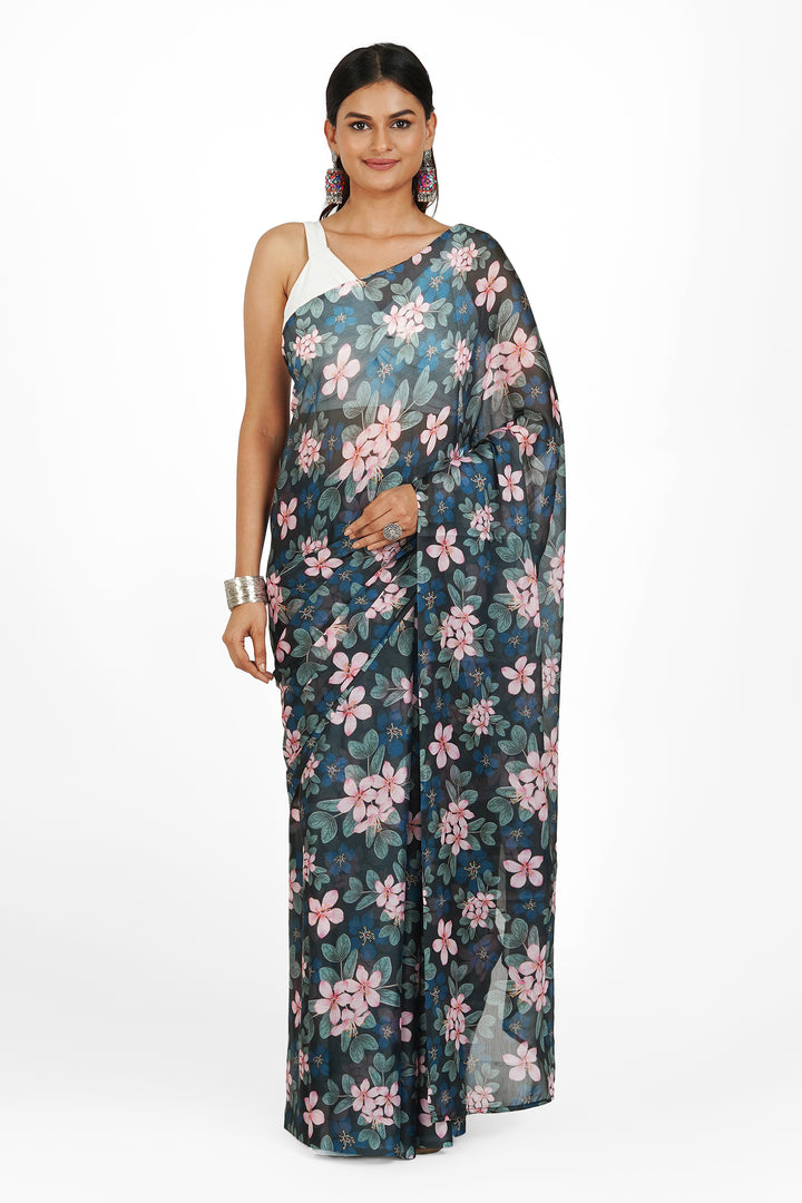 Teejh Noir Rose Digital Print Chiffon Saree