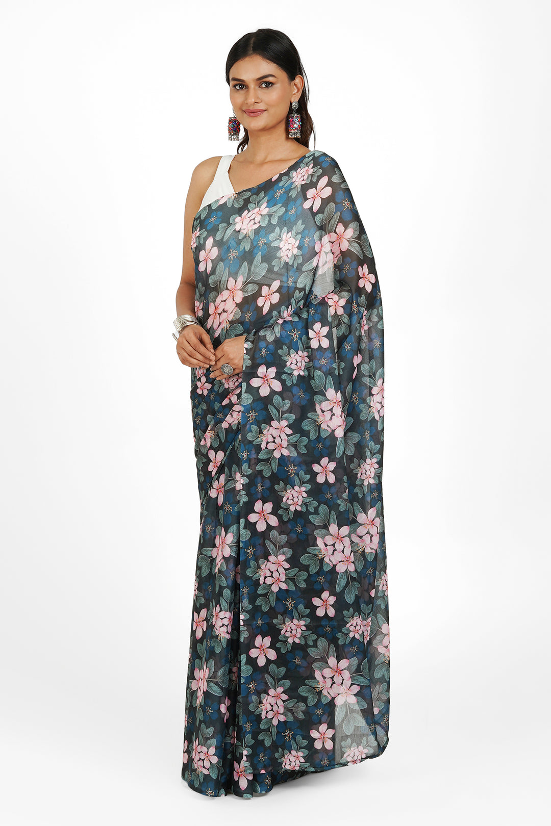 Teejh Noir Rose Digital Print Chiffon Saree