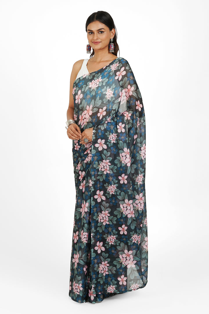 Teejh Noir Rose Digital Print Chiffon Saree