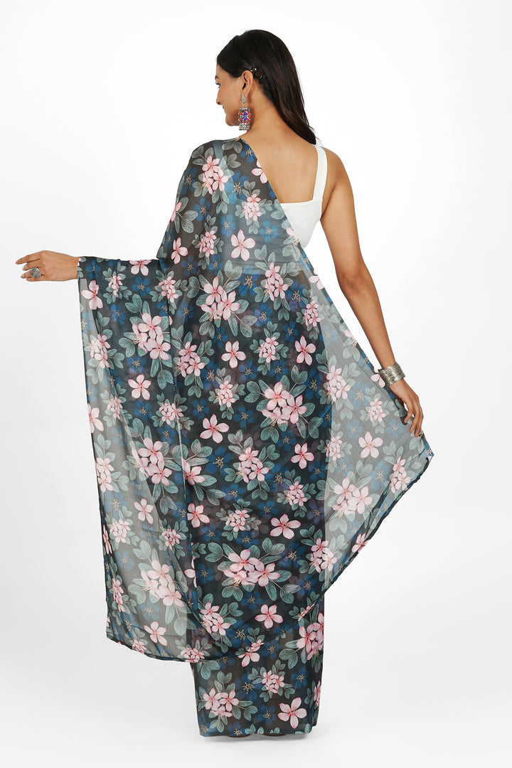 Teejh Noir Rose Digital Print Chiffon Saree