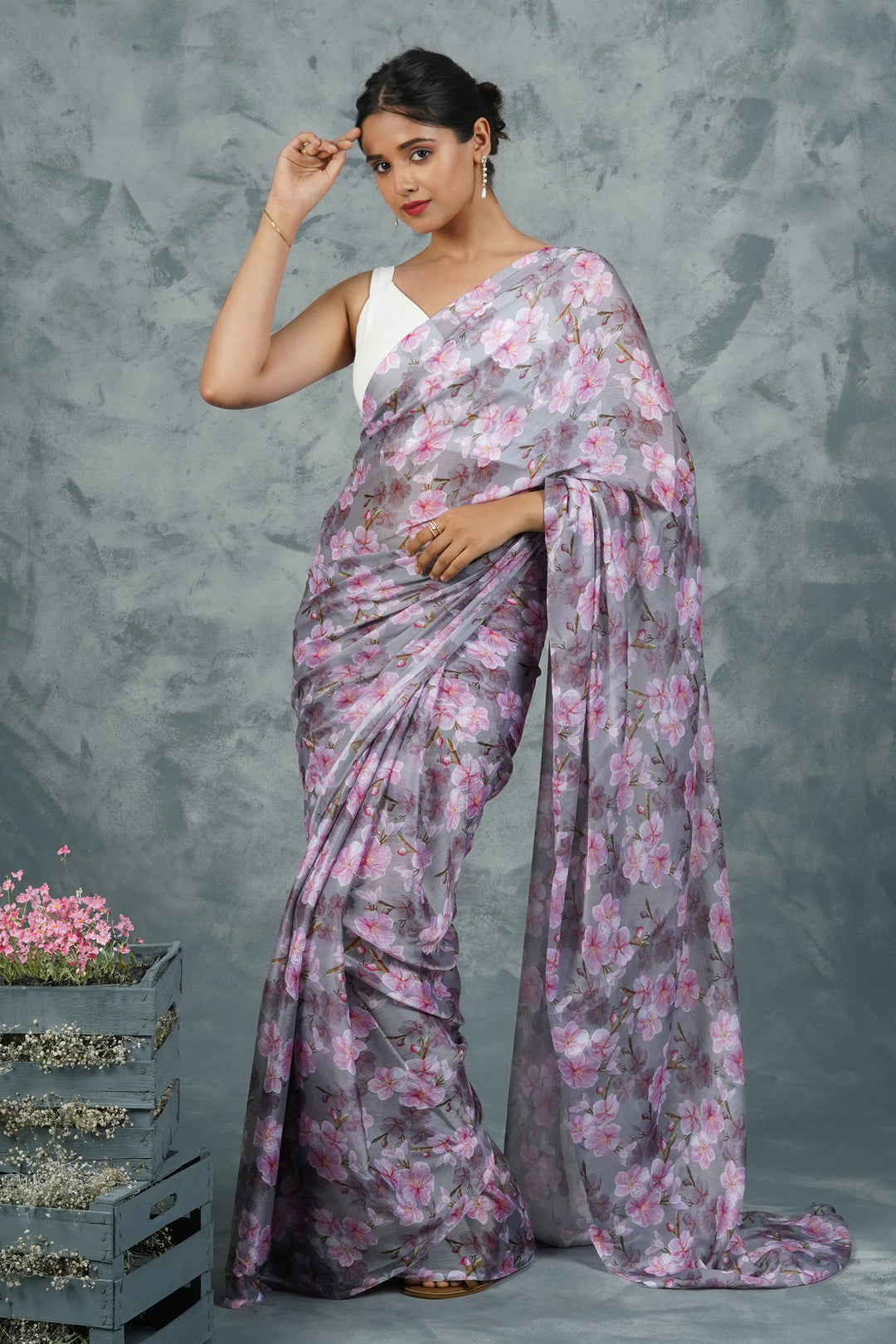 Teejh Blushing Slate  Digital Print Chiffon Saree