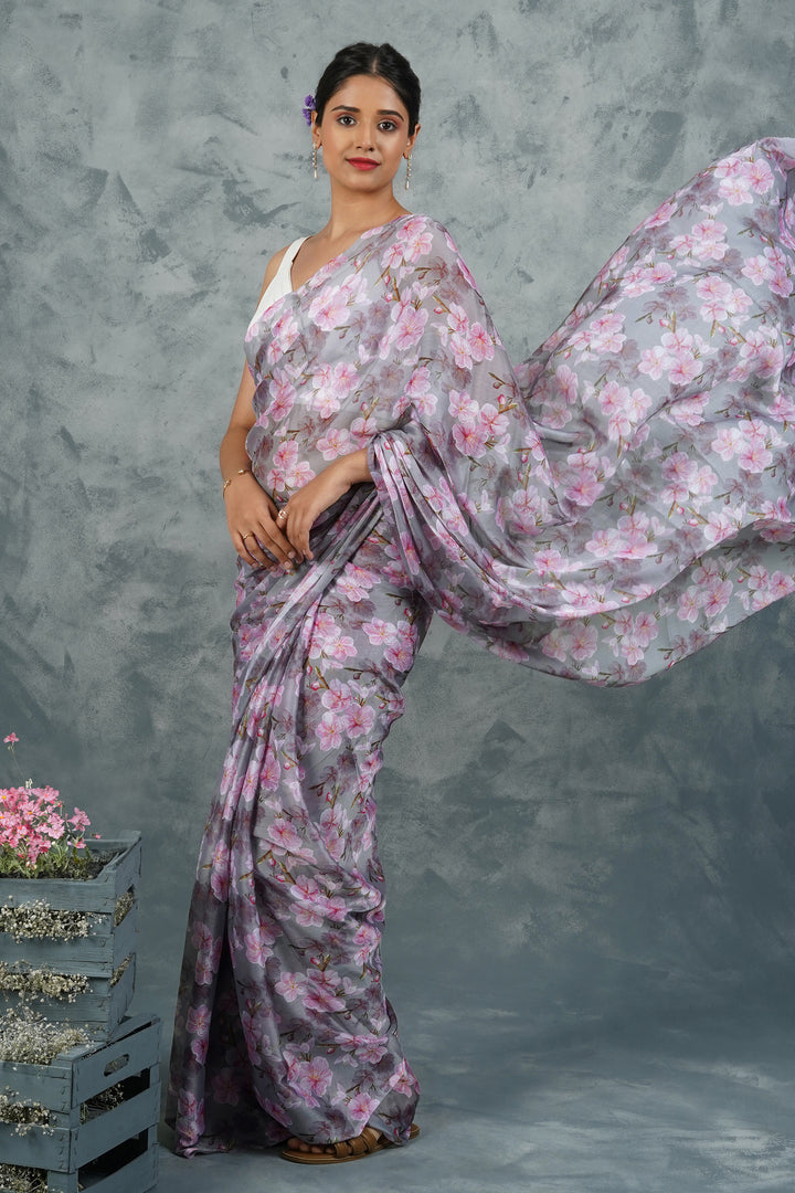 Teejh Blushing Slate  Digital Print Chiffon Saree