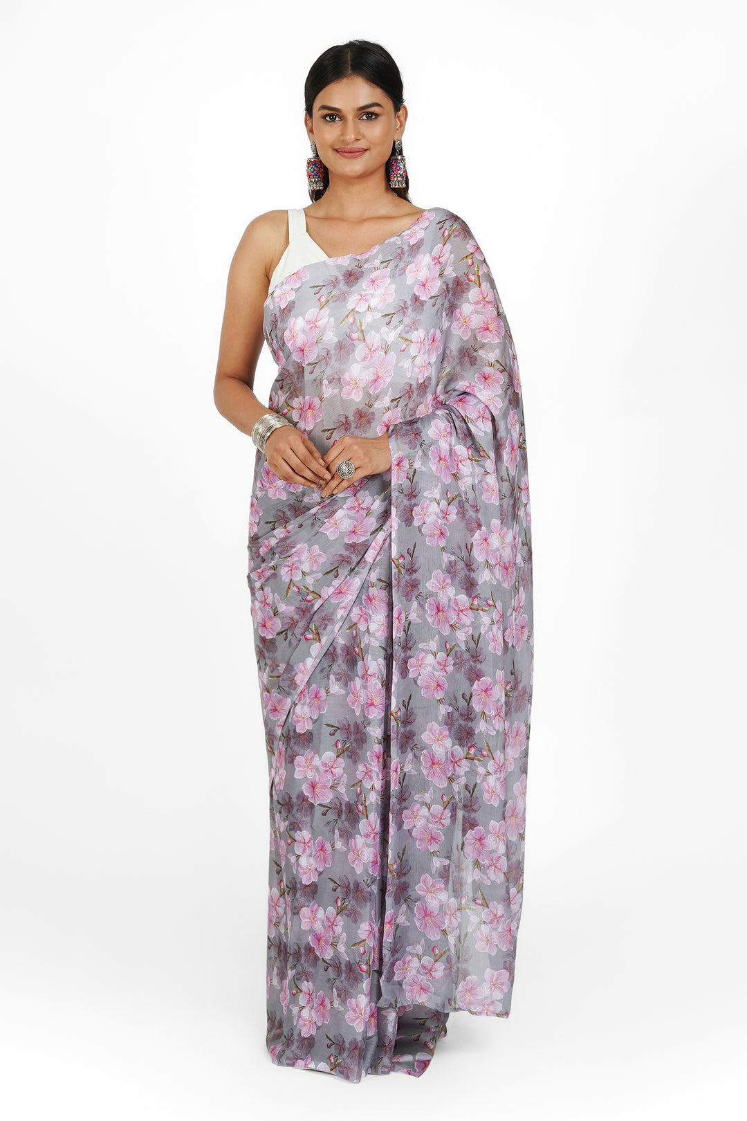 Teejh Blushing Slate  Digital Print Chiffon Saree