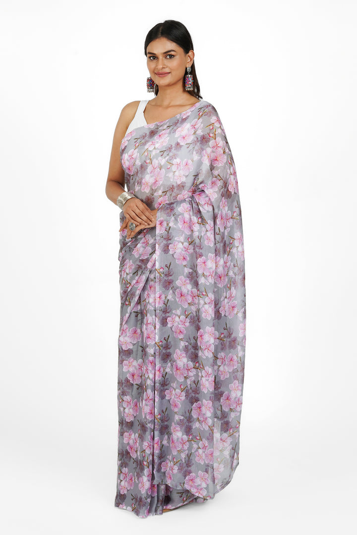 Teejh Blushing Slate  Digital Print Chiffon Saree