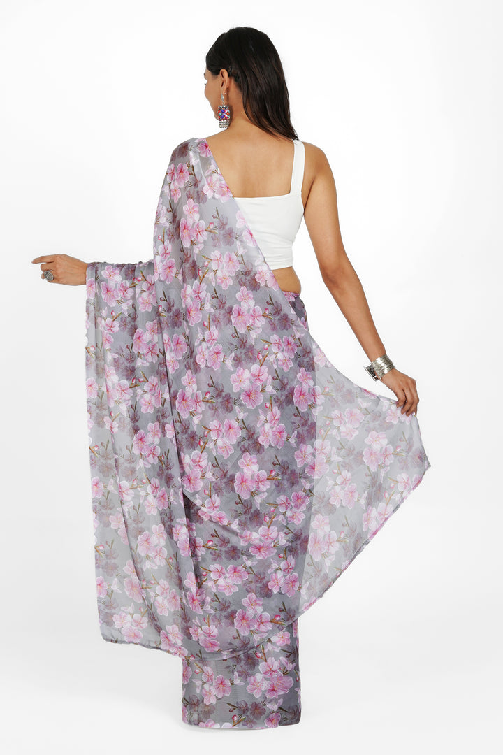 Teejh Blushing Slate  Digital Print Chiffon Saree