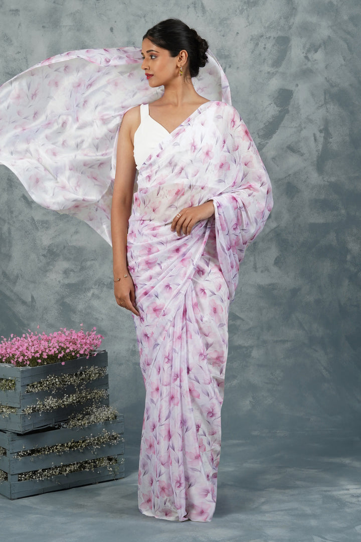 Teejh Pink Cascade Digital Print Chiffon Saree