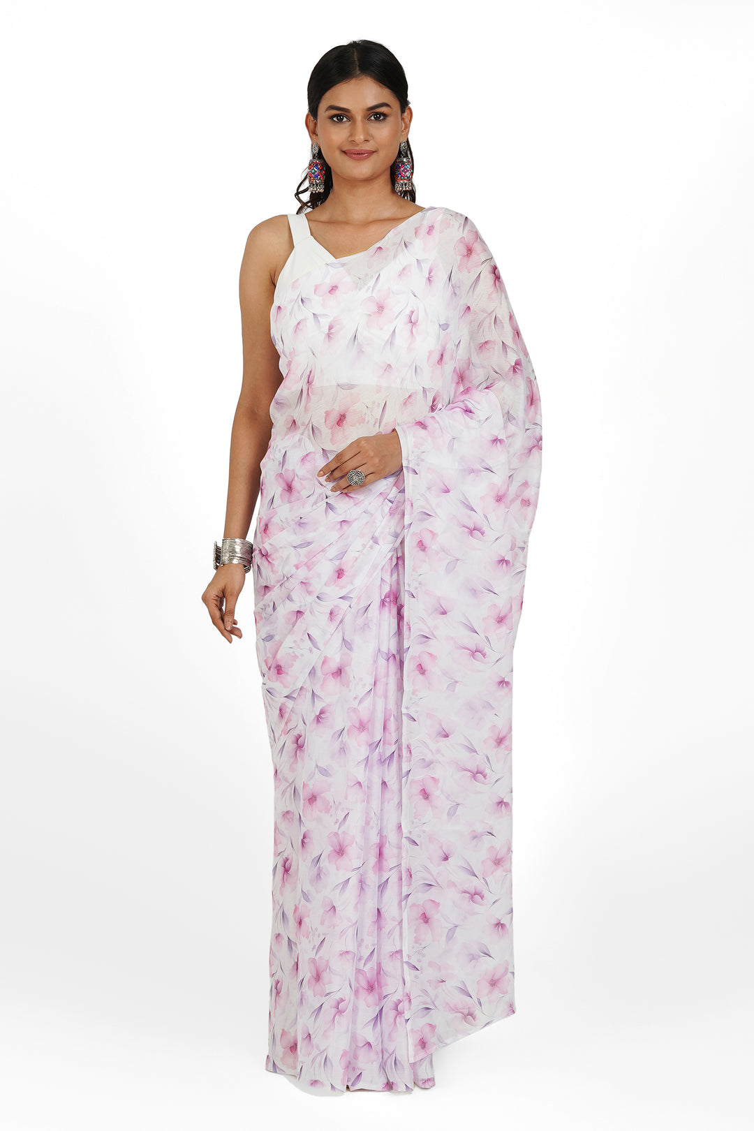 Teejh Pink Cascade Digital Print Chiffon Saree