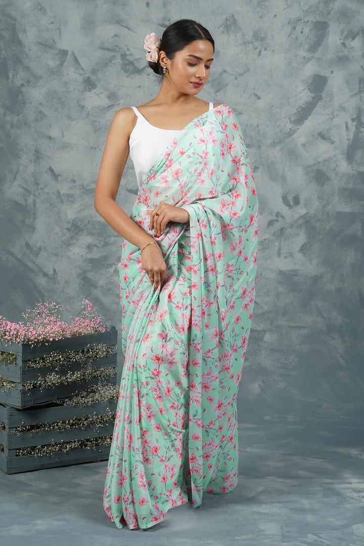 Teejh Rosy Seaside Bloom Digital Print Chiffon Saree