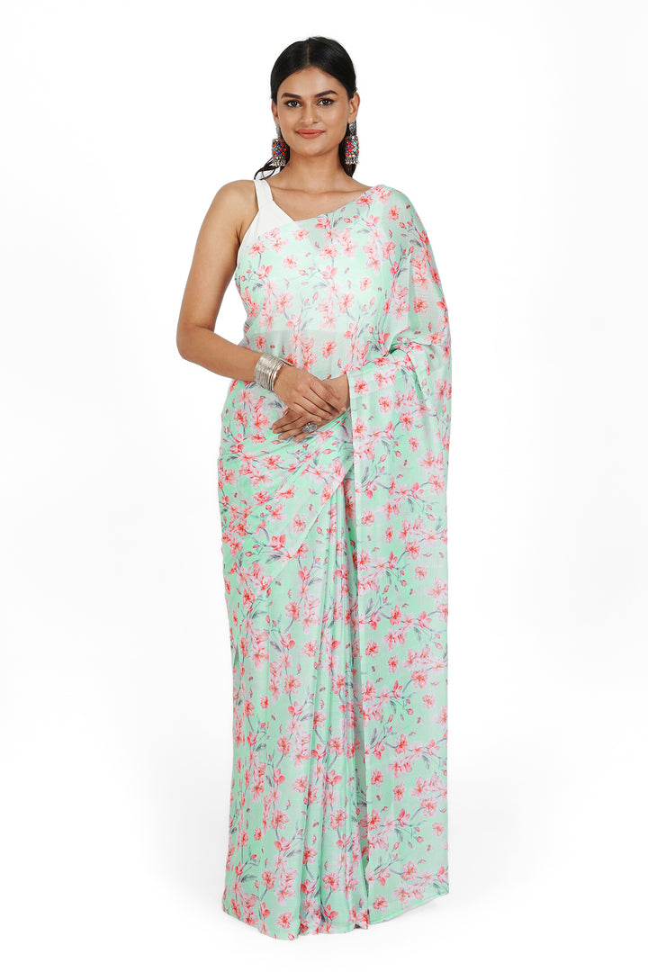 Teejh Rosy Seaside Bloom Digital Print Chiffon Saree