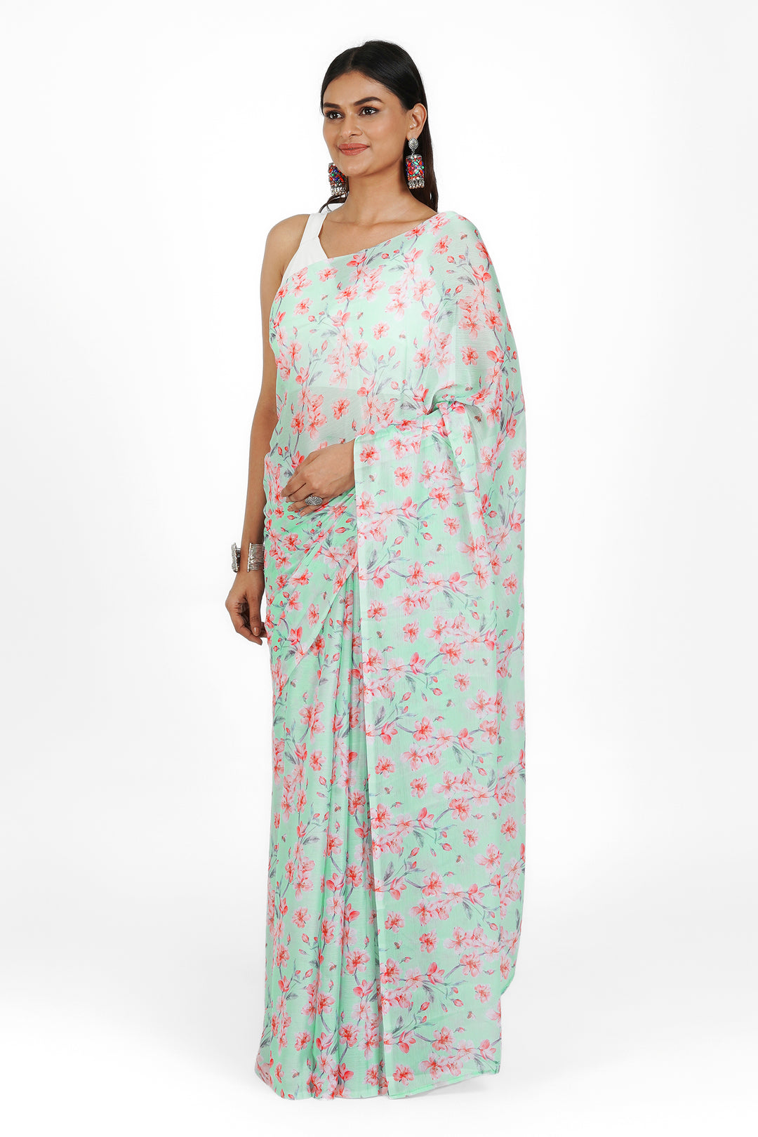 Teejh Rosy Seaside Bloom Digital Print Chiffon Saree