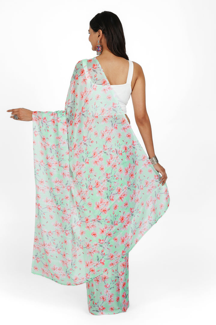Teejh Rosy Seaside Bloom Digital Print Chiffon Saree