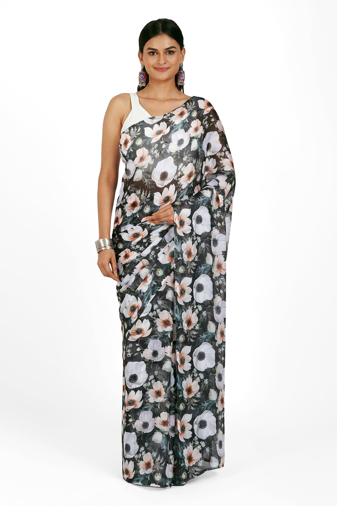 Teejh Midnight Garden Bloom Digital Print Chiffon Saree