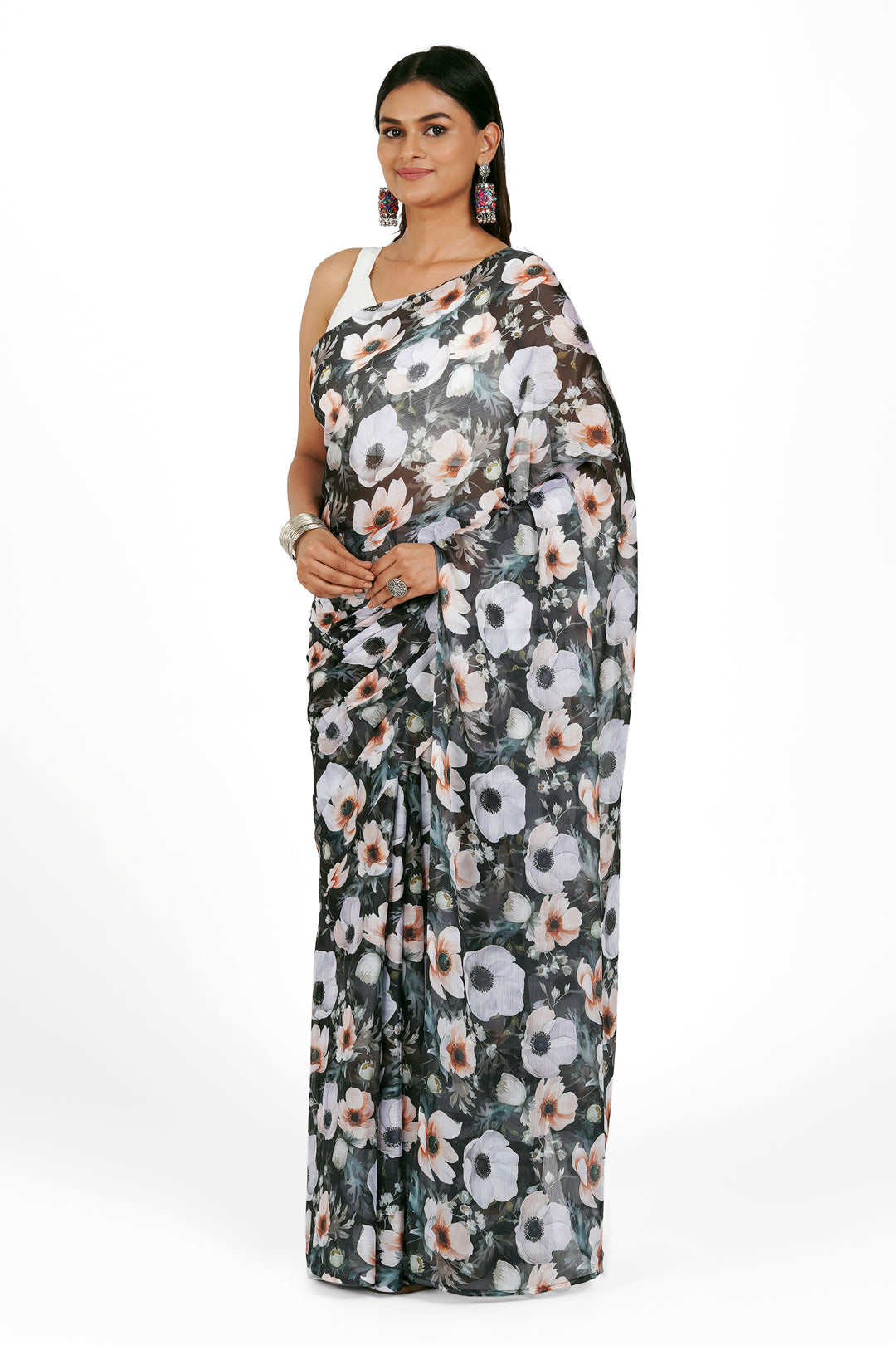 Teejh Midnight Garden Bloom Digital Print Chiffon Saree