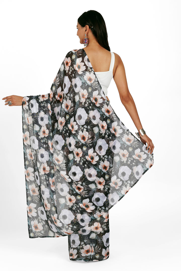 Teejh Midnight Garden Bloom Digital Print Chiffon Saree