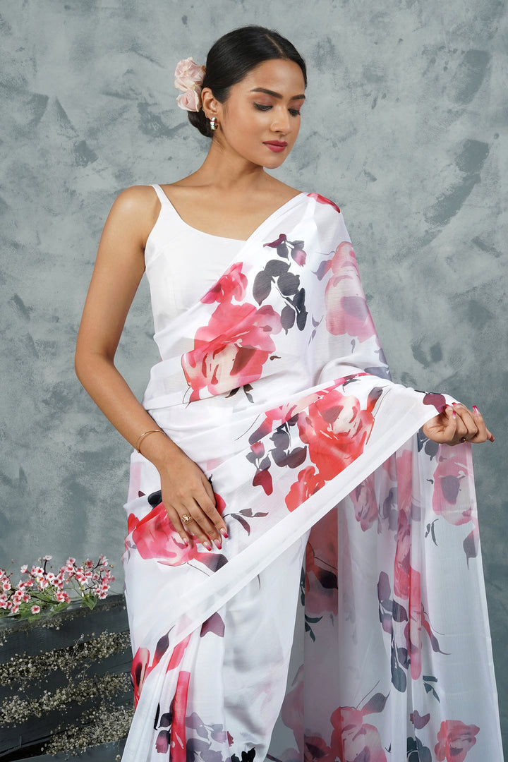 Teejh  Ivory Rouge Digital Print Chiffon Saree