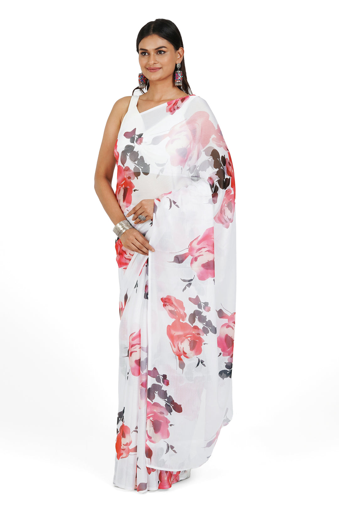 Teejh  Ivory Rouge Digital Print Chiffon Saree
