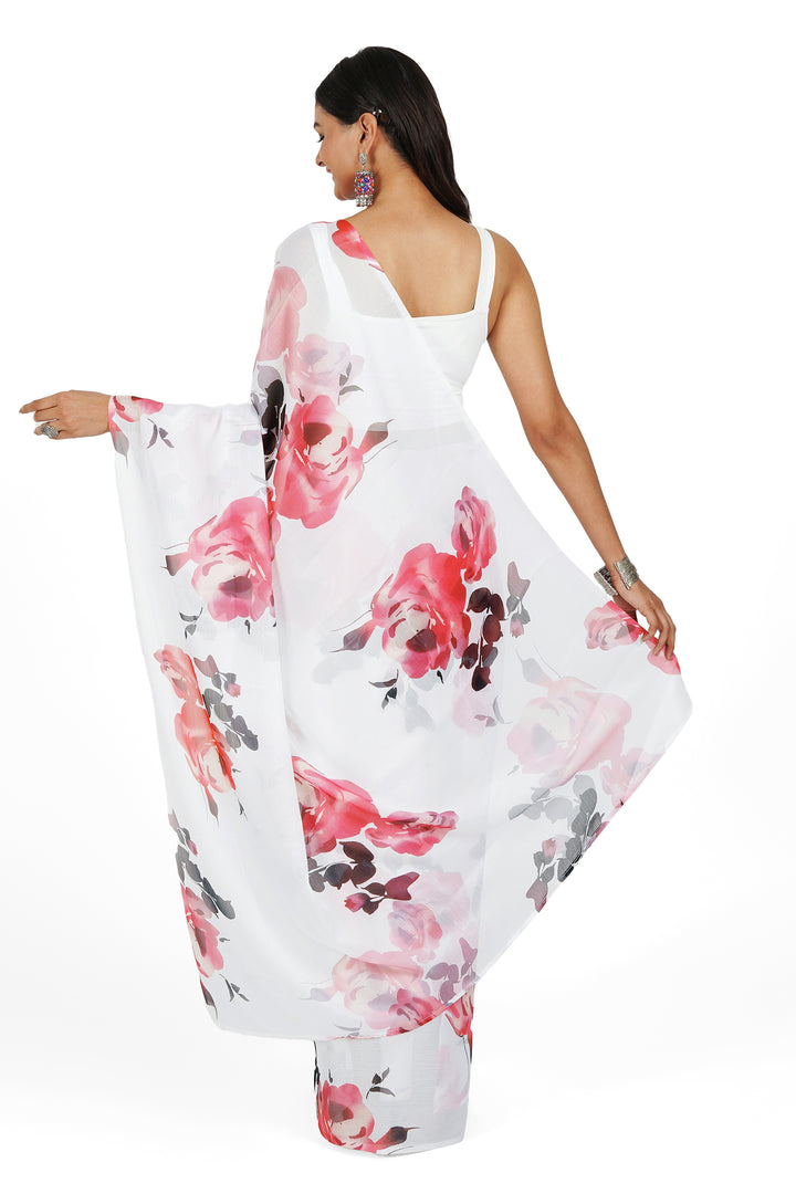 Teejh  Ivory Rouge Digital Print Chiffon Saree