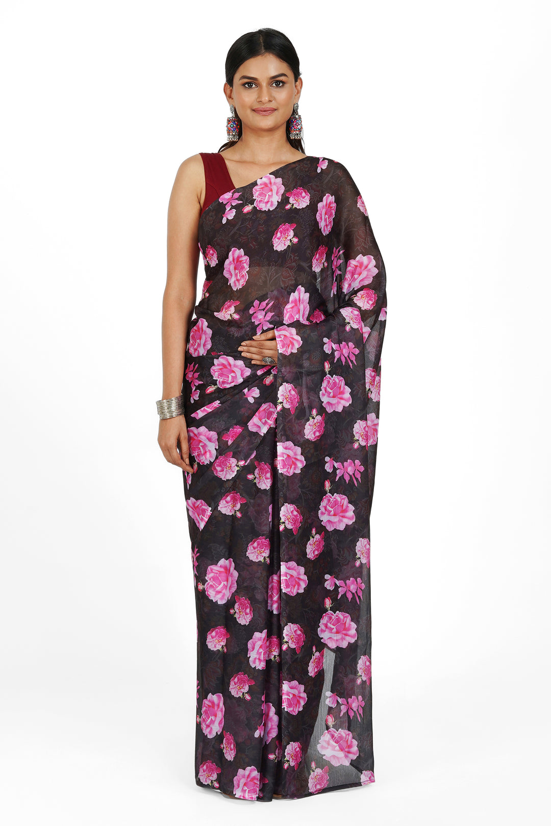 Teejh  Ebony Rose Pink Digital Print Chiffon Saree