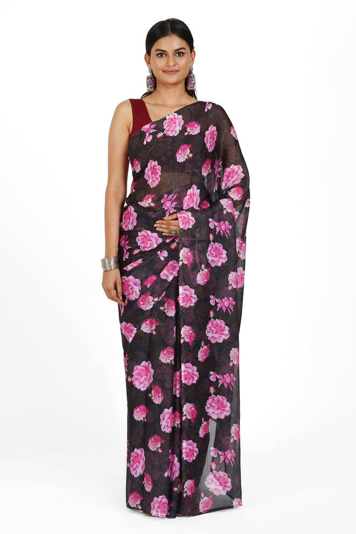 Teejh  Ebony Rose Pink Digital Print Chiffon Saree
