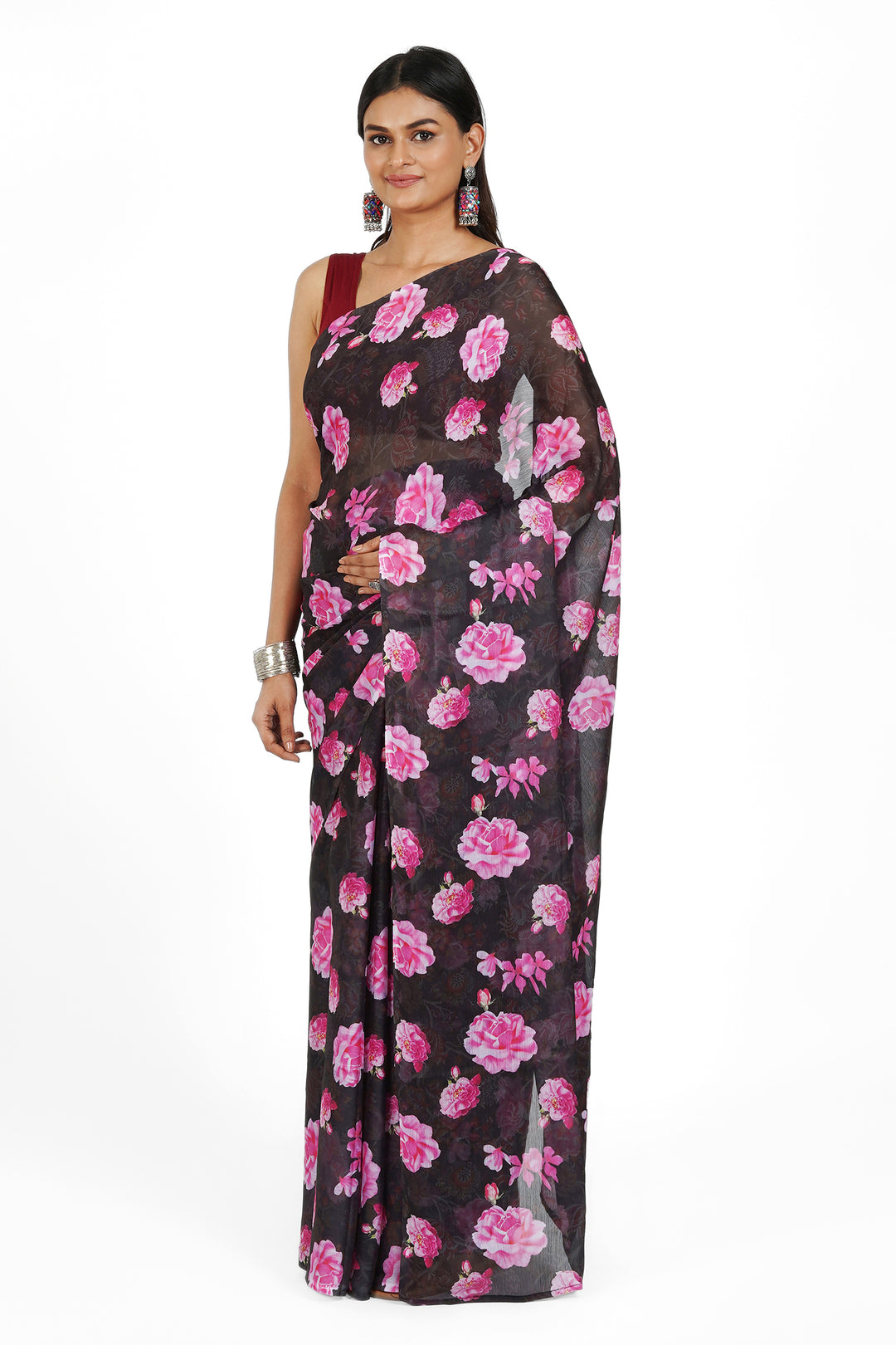 Teejh  Ebony Rose Pink Digital Print Chiffon Saree