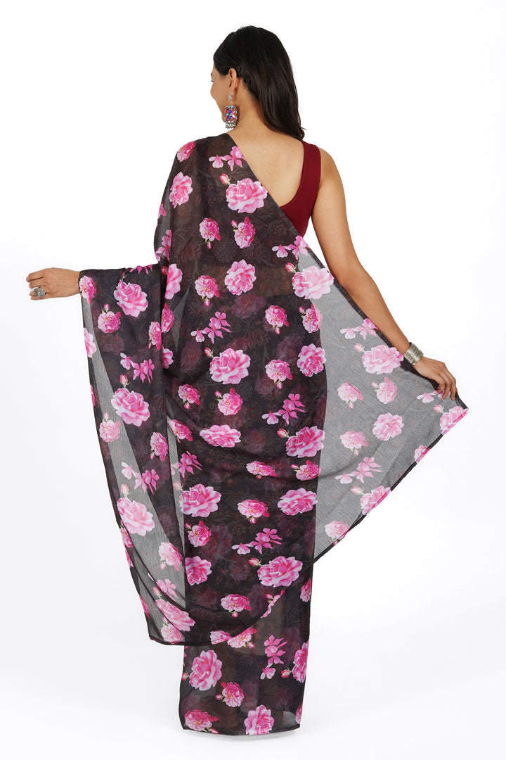 Teejh  Ebony Rose Pink Digital Print Chiffon Saree