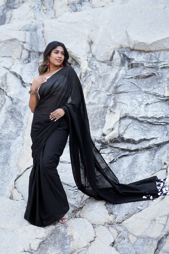 Teejh Yin Yang Black and White Mulmul Saree