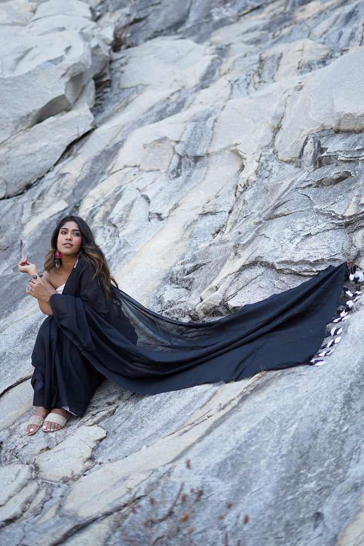Teejh Yin Yang Black and White Mulmul Saree