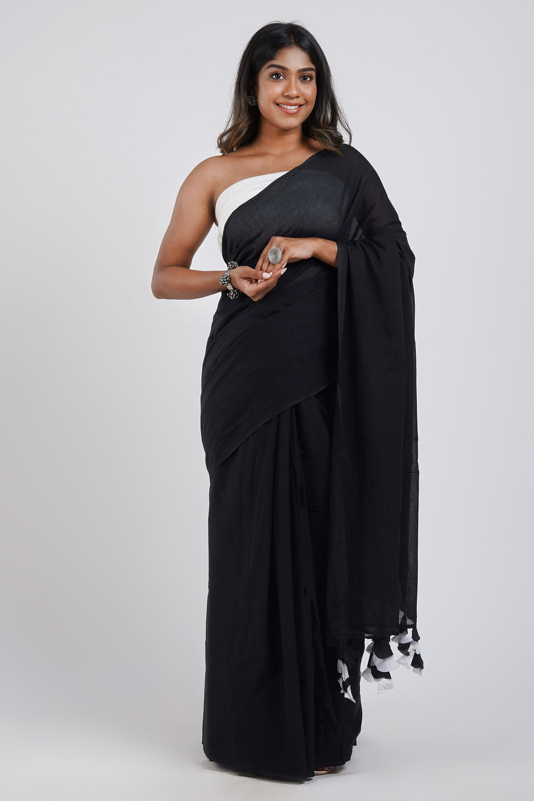 Teejh Yin Yang Black and White Mulmul Saree