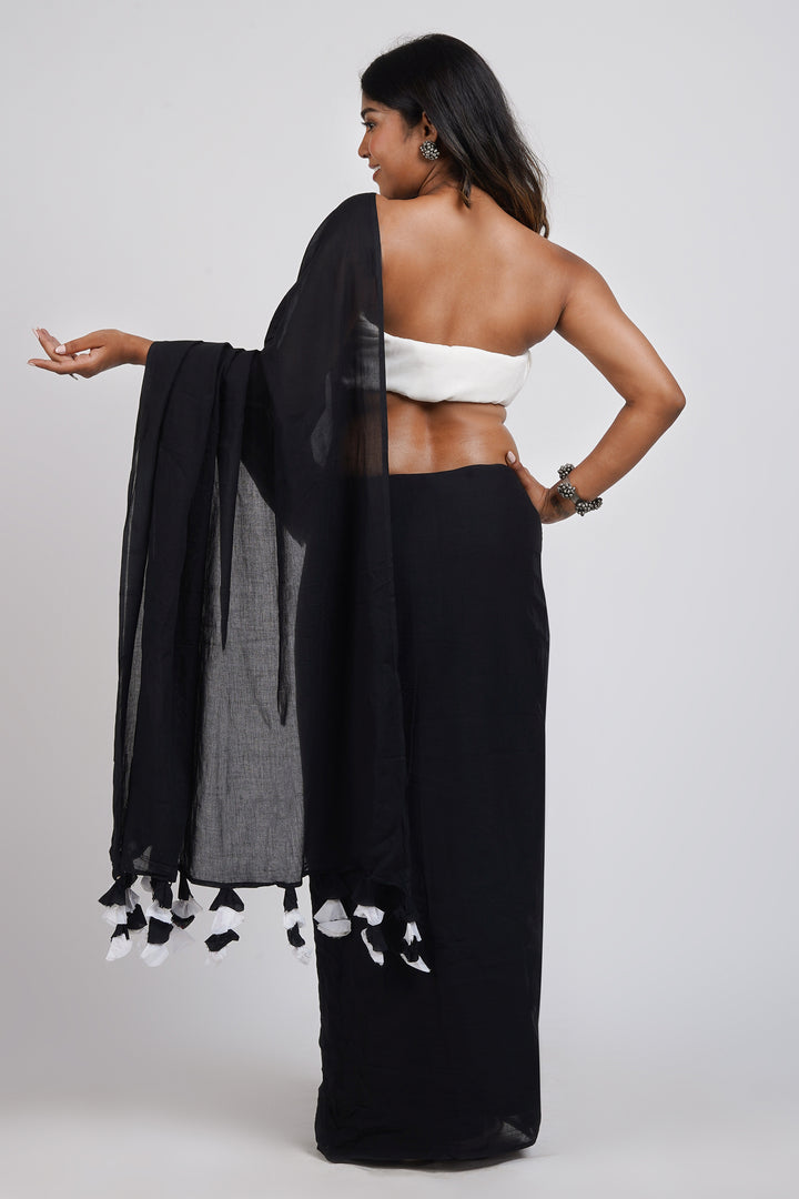 Teejh Yin Yang Black and White Mulmul Saree