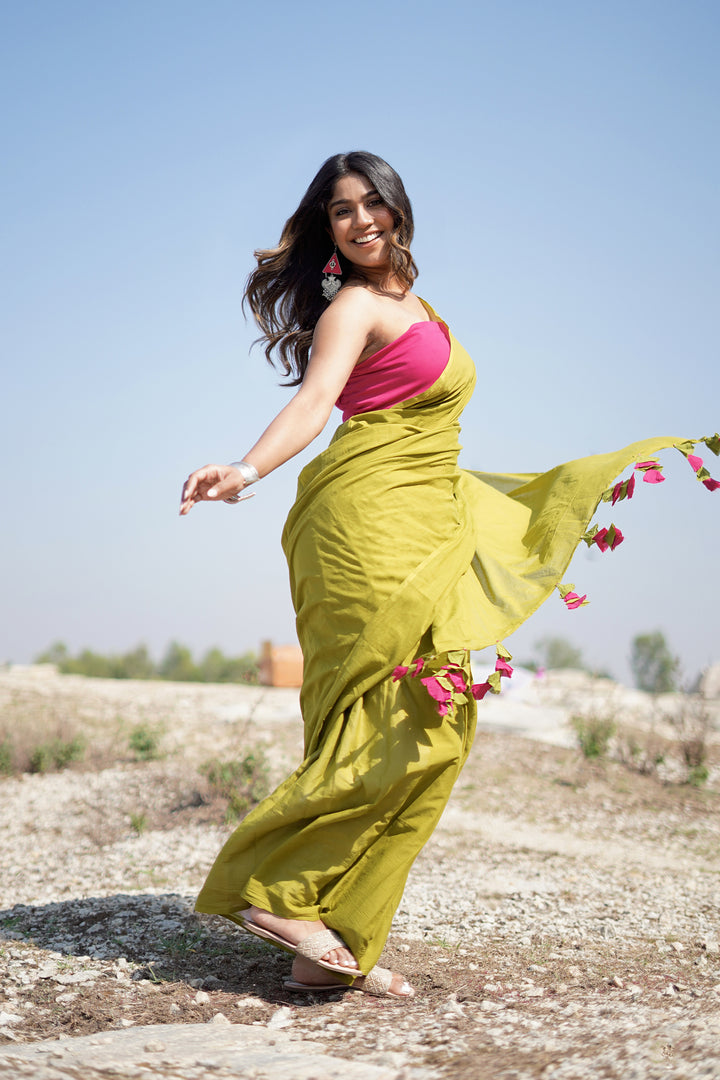 Teejh Lime and Berry Olive and Hot Pink Mulmul Saree